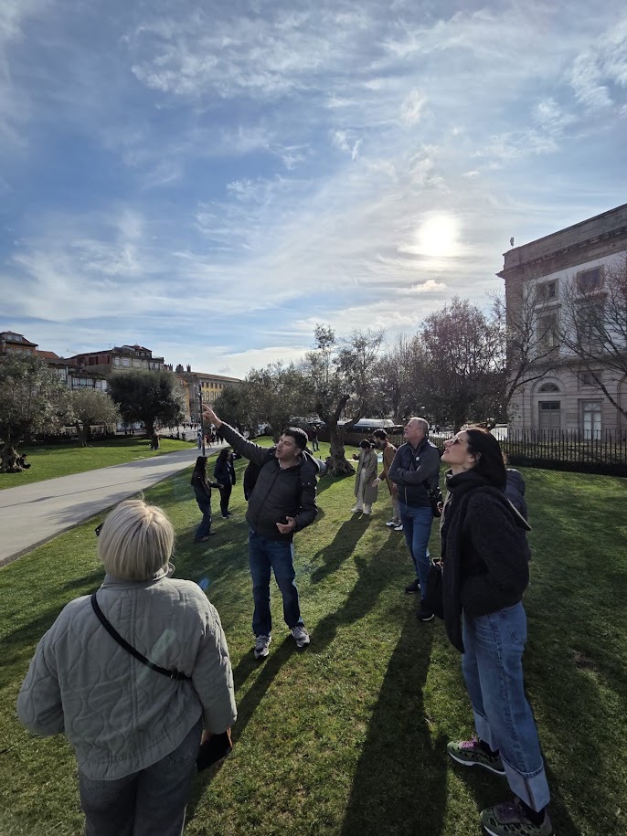 People on a grassy area looking at the sky with a sunny, partly cloudy background.
