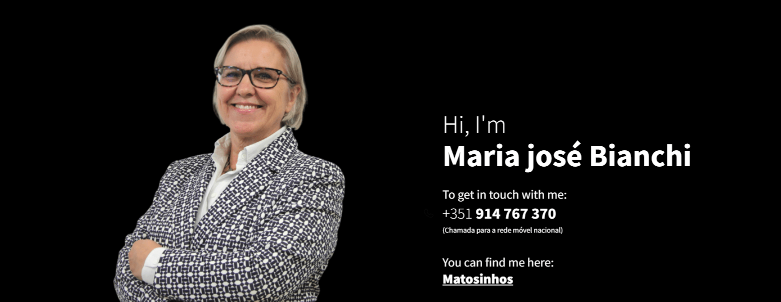 Smiling person in a suit with contact info and location on black background.